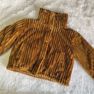 Brown faux fur / velvet  ribbed puffer jacket from Urban Outfitters—